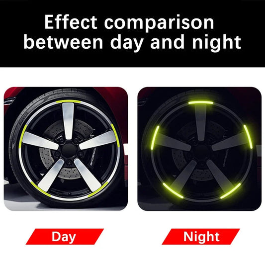 Reflective wheel hub sticker day and night comparison showing yellow strips glowing on car rim after dark