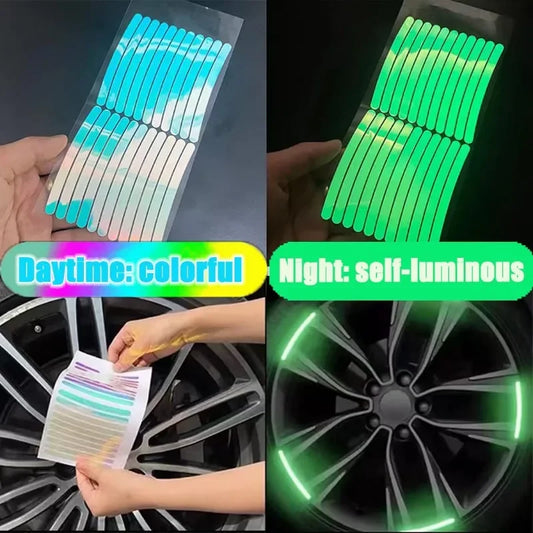 Reflective wheel rim tape colorful holographic appearance in daytime and self-luminous green glow on car wheel at night comparison