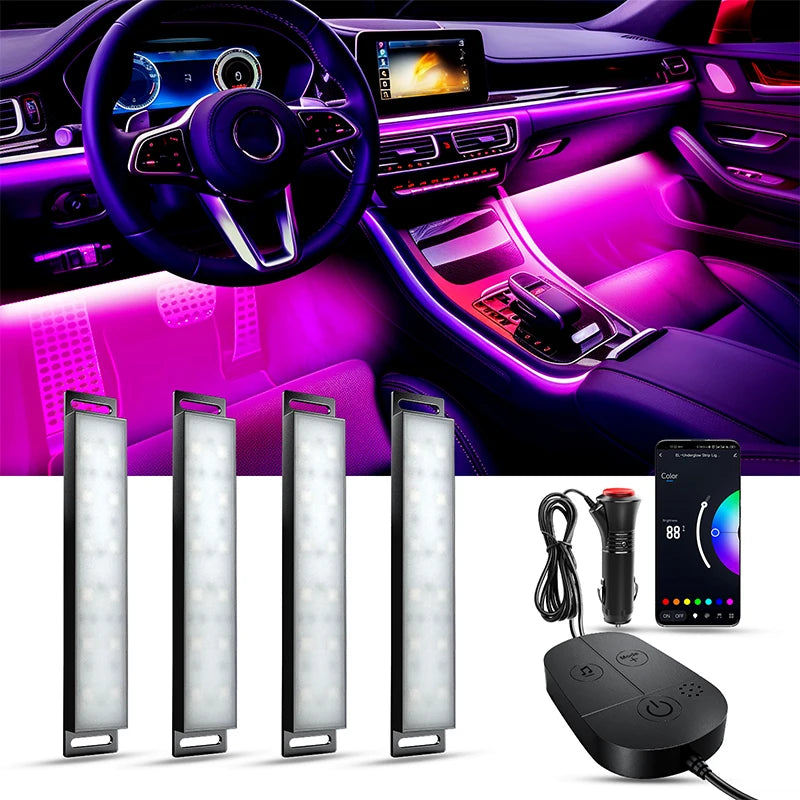 RGB car interior light kit installed in footwell with cigarette adapter, remote, and app control