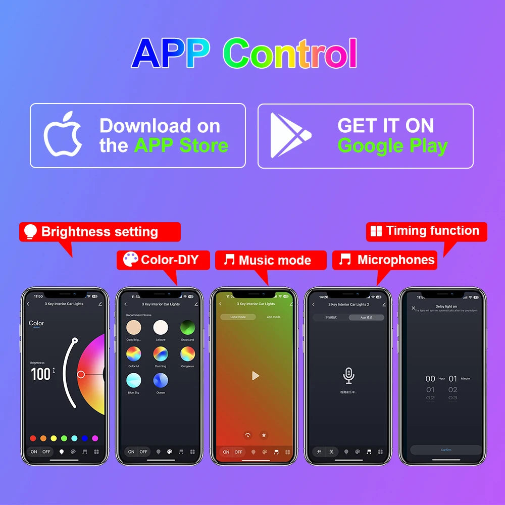 RGB car light kit mobile app features for iOS and Android, showing color control, music sync, and timers