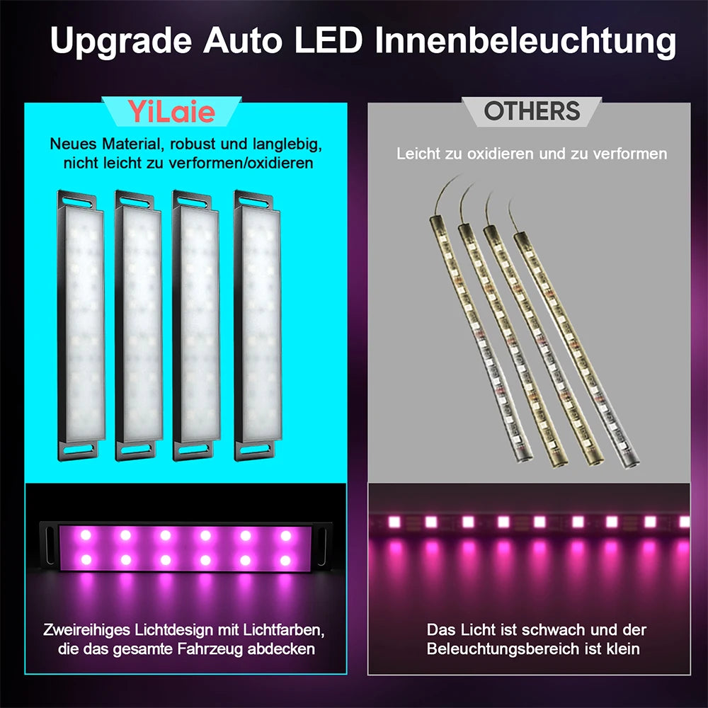 Comparison of high-quality RGB interior hard light bars vs. fragile LED strips in German text format