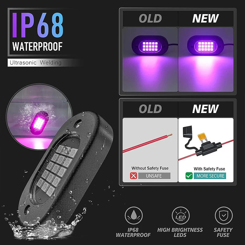 Comparison of upgraded RGB underglow pod with IP68 waterproof rating and built-in safety fuse