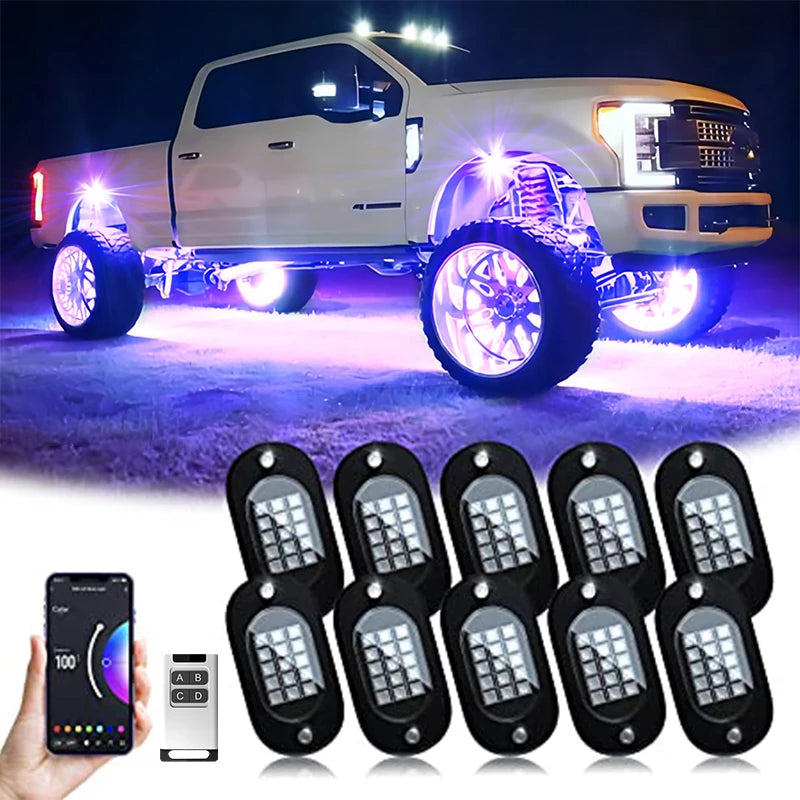 10-pod RGB underglow LED kit with adhesive backing for vehicle underside