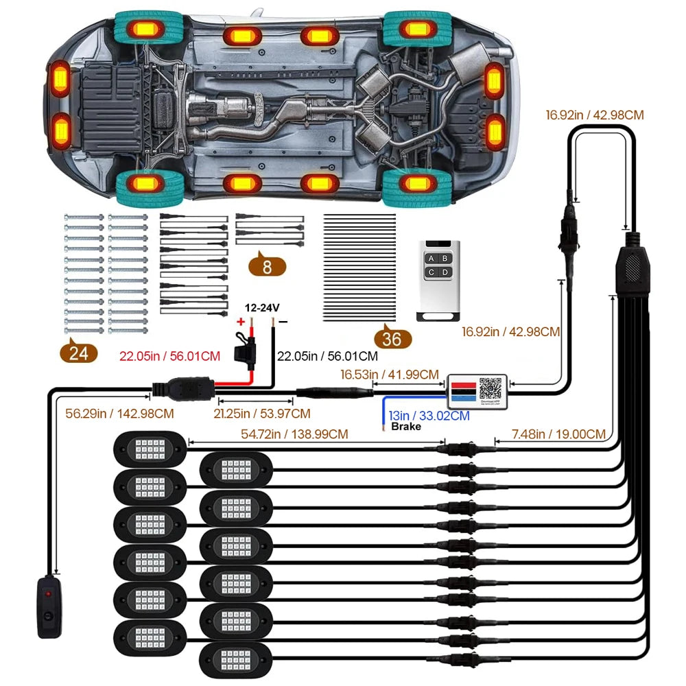 Full kit with LED pods, controller, wires, and remote for RGB underglow system