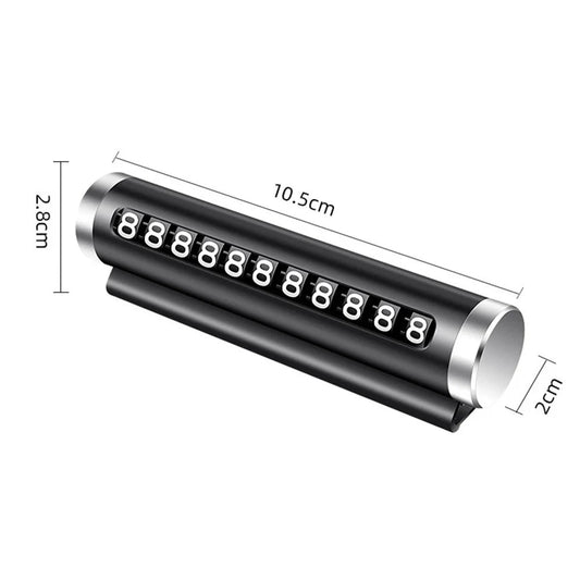 Metal car parking phone number plate dimensions diagram showing 10.5cm length and 2.8cm width on white background