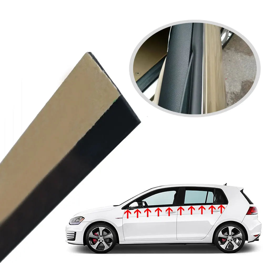 black rubber seal strip applied along car window edge for weatherproofing