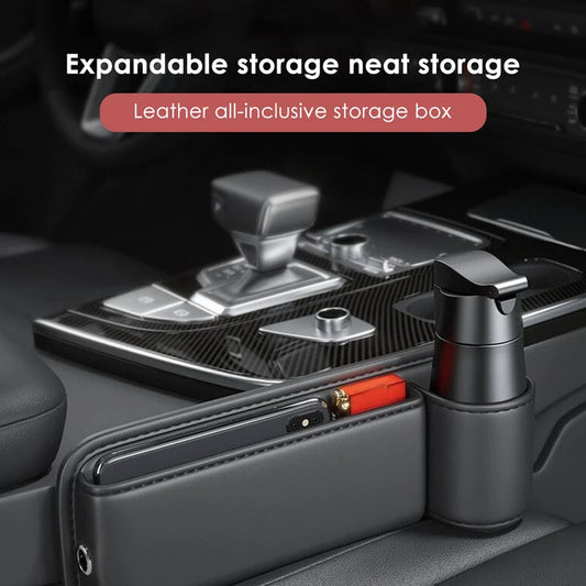 Front display of seat gap filler showing cup holder compartment