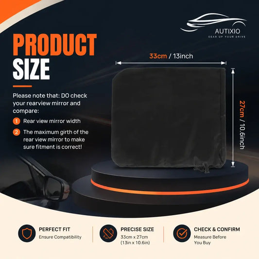 Black car side mirror snow cover size guide showing 33cm x 27cm dimensions with instructions to measure rear view mirror width and girth before purchasing