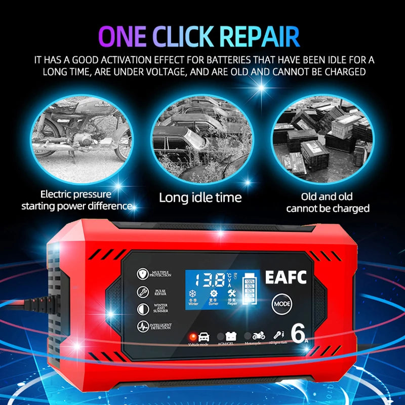 12V smart battery charger with one-click repair feature for reviving old, idle, or under-voltage lead acid batteries