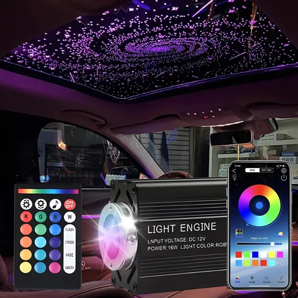 Installed star light ceiling in car at night – multicolor galaxy-style lighting