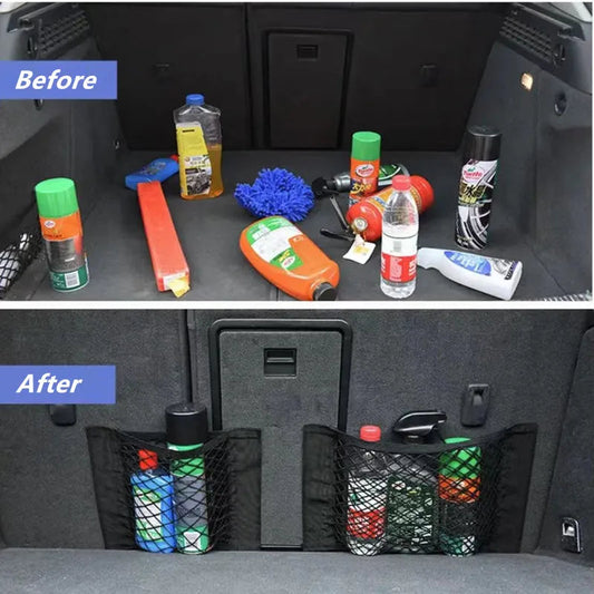 Before and after comparison of car boot organized using velcro mesh trunk cargo nets