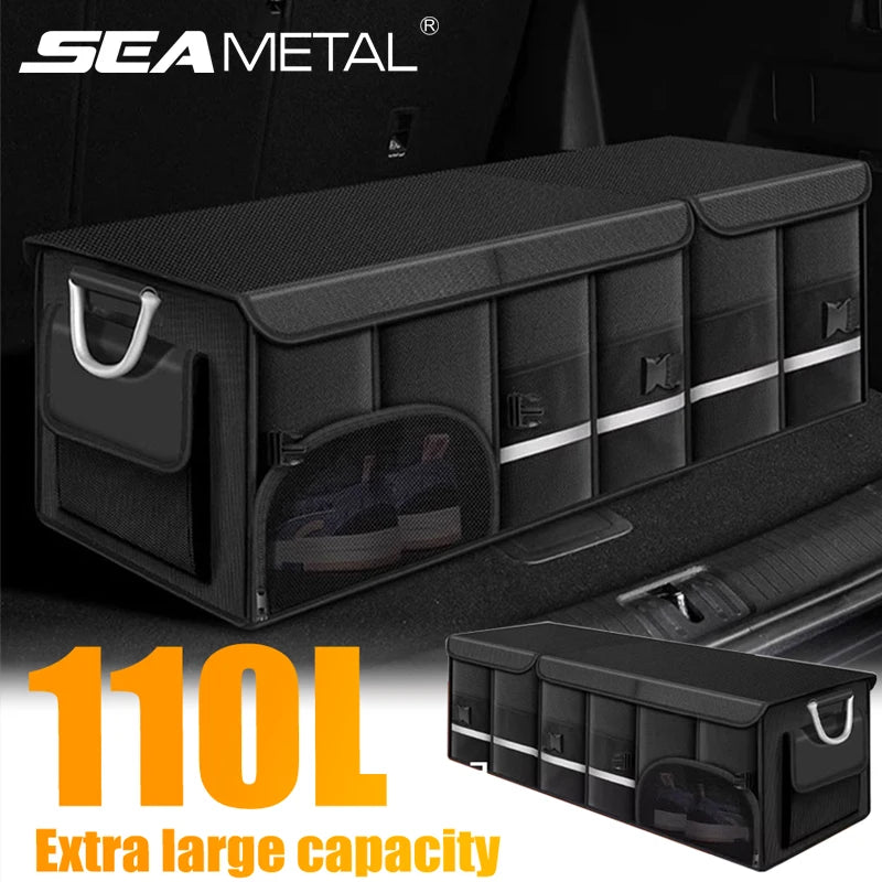 Folded flat view of trunk storage bin for space-saving storage in car or garage