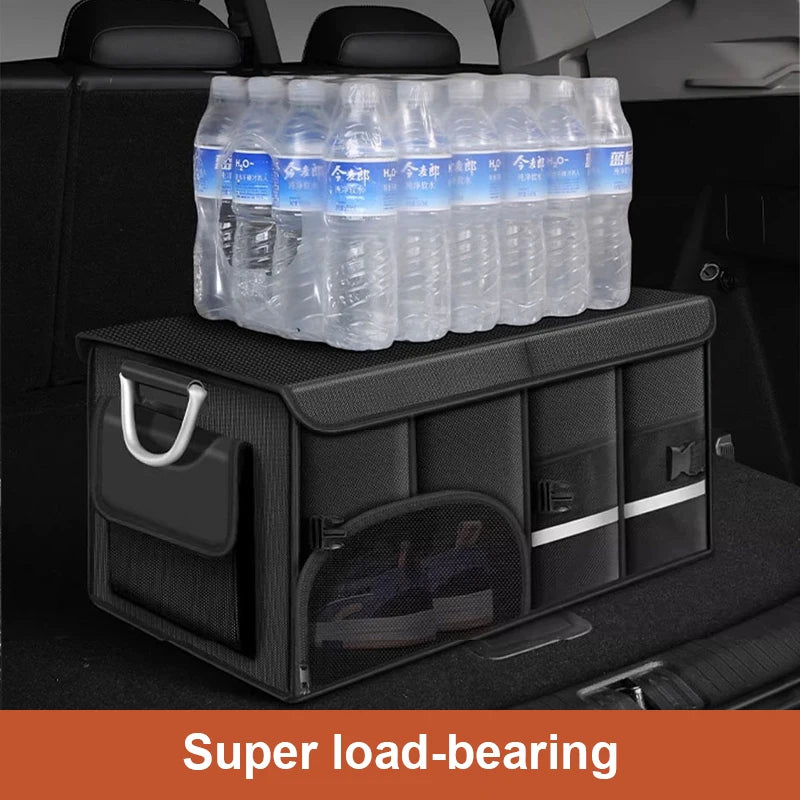Large foldable organizer used for groceries and travel gear in SUV trunk