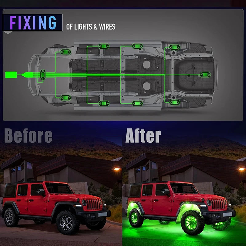 RGB underglow light kit installation diagram and before/after visual on Jeep with green lighting