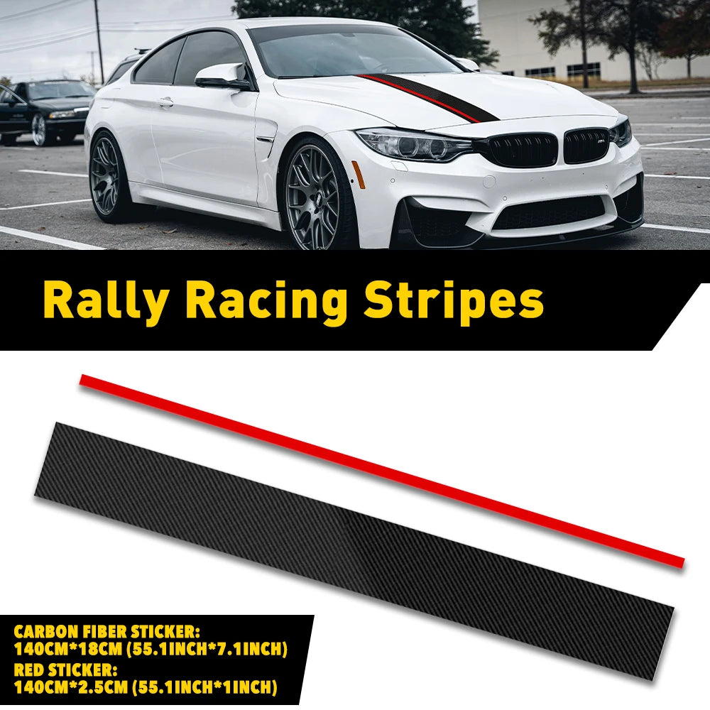 Black and red rally racing stripe vinyl sticker kit with carbon fiber finish installed on white sports car