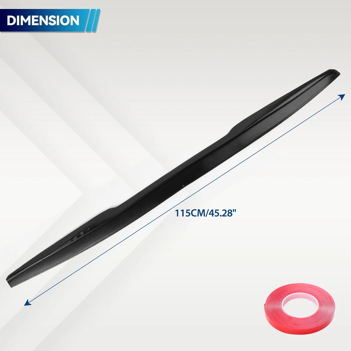 Universal rear spoiler with length dimension 115cm or 45.28 inches, shown with adhesive tape