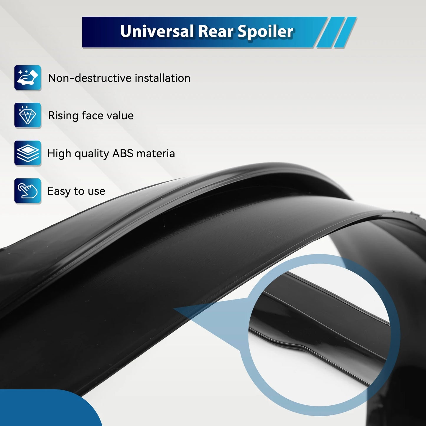 Close-up of universal rear spoiler highlighting high-quality ABS material, easy install, and no drilling required