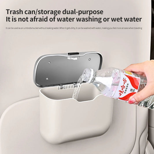 Front display of waterproof trash bin with lid and hanging hook