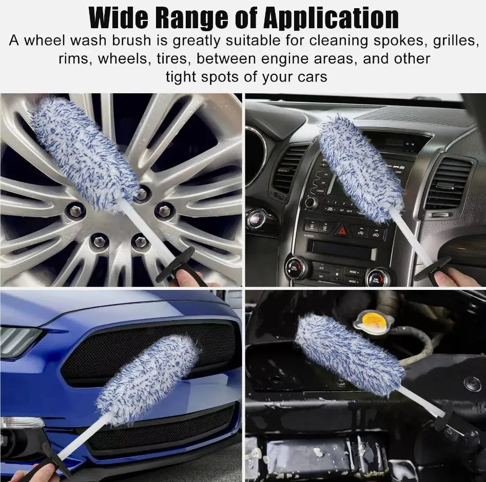 Wheel brush in action on tire surface – effective grime and brake dust removal