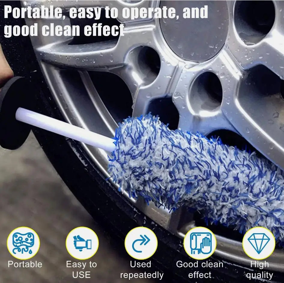 Brush used on wet car wheel with soap – designed for deep cleaning and durability