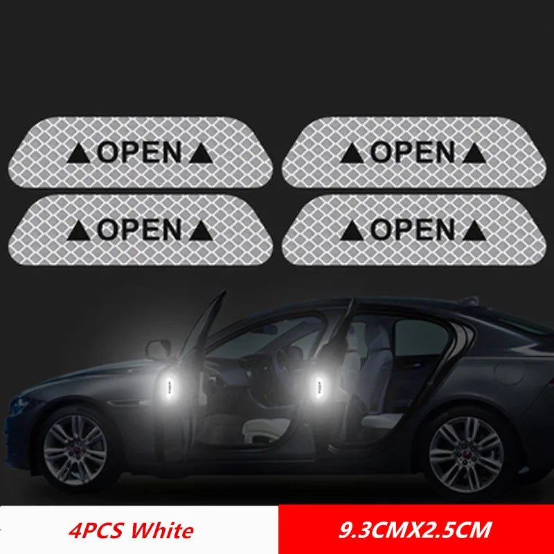 Set of 4 white reflective car door stickers labeled OPEN for enhanced nighttime visibility and safety