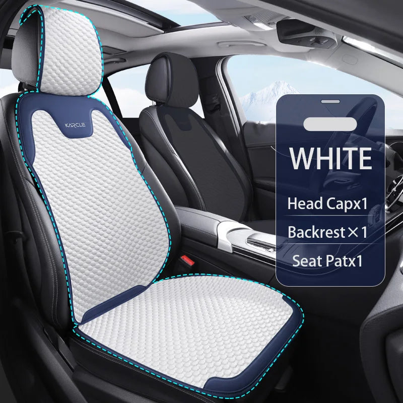 White ice silk car seat cover set with headrest, backrest, and seat pad for front seat comfort and style