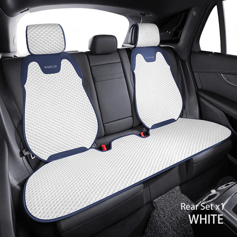 White ice silk rear seat cover set with headrests and bench cushion for breathable car backseat protection