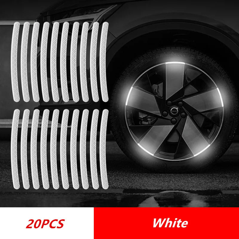 20-piece set of white reflective rim strips applied to car wheel for improved nighttime visibility and road safety