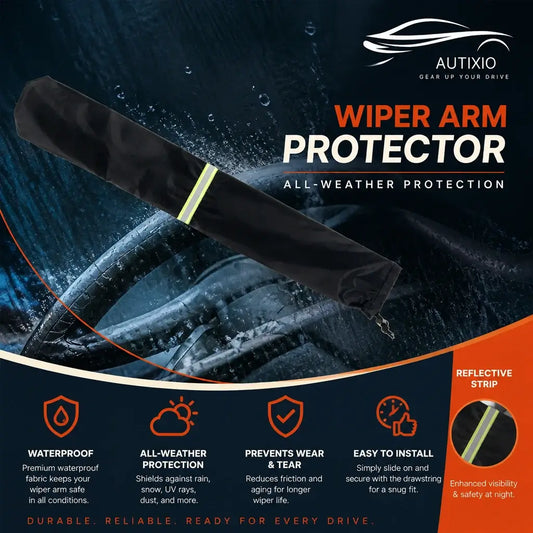 Black windshield wiper arm protector cover with reflective safety strip showing waterproof premium fabric, all-weather protection from rain snow UV and dust, and easy drawstring installation