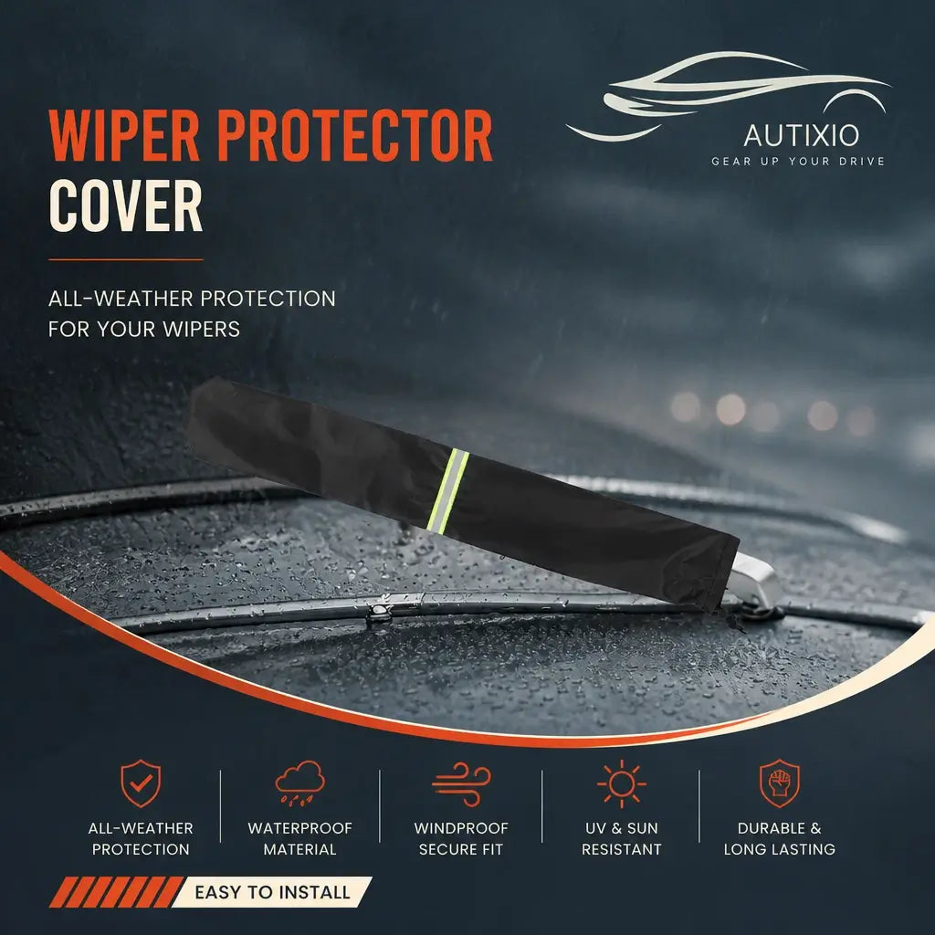 Black windshield wiper protector cover installed on car wiper in rain showing waterproof material, windproof secure fit, UV and sun resistant durable long lasting protection