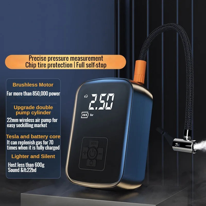 Wireless air compressor with precise pressure measurement, auto stop function, and chip tire protection