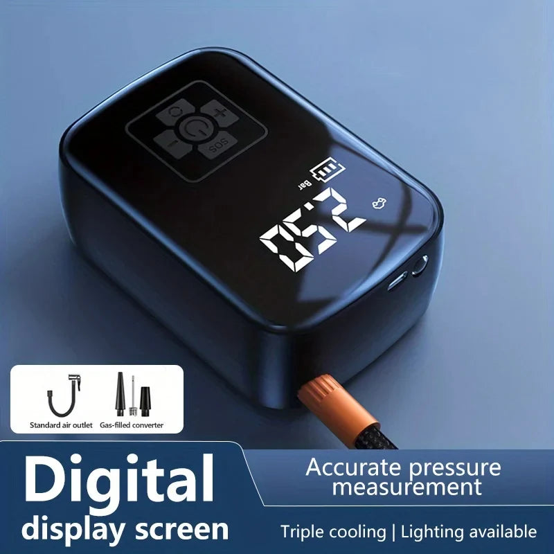 Wireless air pump with digital display screen for accurate tire pressure measurement and lighting support