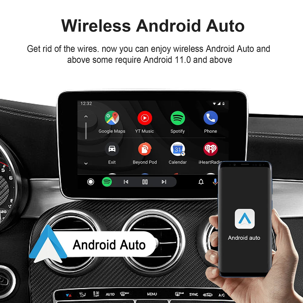 Wireless Android Auto adapter enabling cable-free Android Auto connection for smartphones with Android 11.0 and above