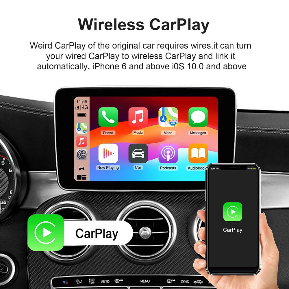 Wireless CarPlay upgrade adapter for iPhone iOS 10 and above to convert factory-wired CarPlay to wireless connectivity