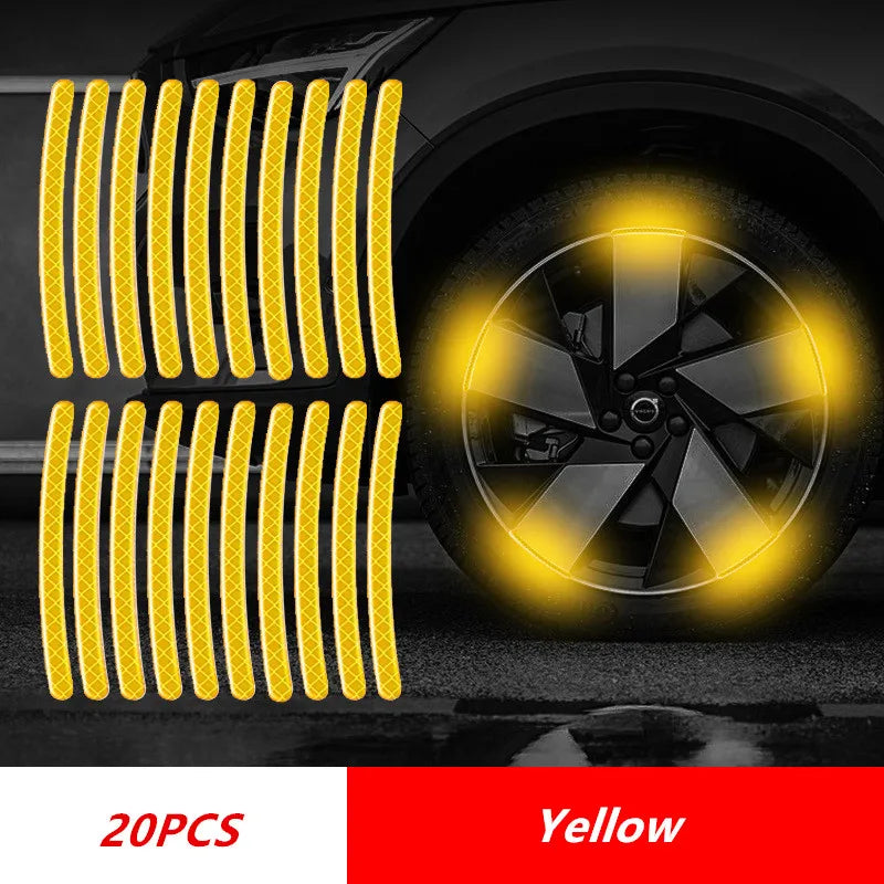 20-piece set of yellow reflective rim strips for car wheels, enhancing night visibility and vehicle styling