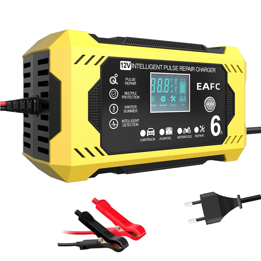 Yellow 12V 6A intelligent pulse repair battery charger with EU plug, LCD display, and alligator clamps