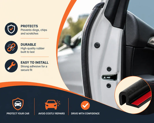 Rubber U-shape car door edge guard trim shown in multiple colors – black, white, grey, red, and blue protective strips for car door edge protection