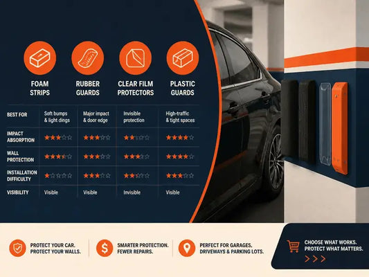 A side-by-side look at car door protector strips, showing foam pads for garage walls versus rubber, clear film, and plastic edge guards for parking lot dings