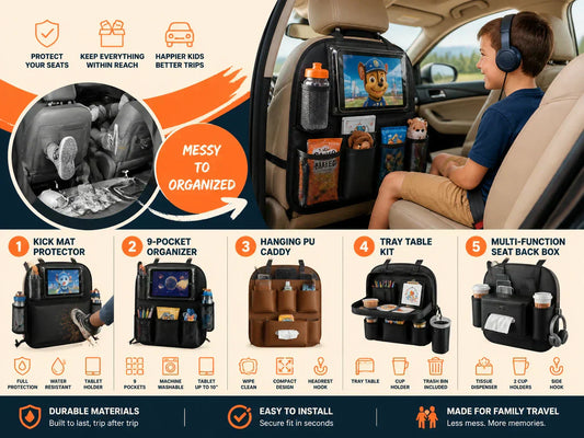 Car seat back organizer for kids with tablet holder and storage pockets installed on front seat headrest in family car
