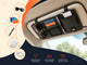 Car sun visor organizer guide — multi-pocket leather organizer with glasses clip and registration holder set up on the driver's sun visor