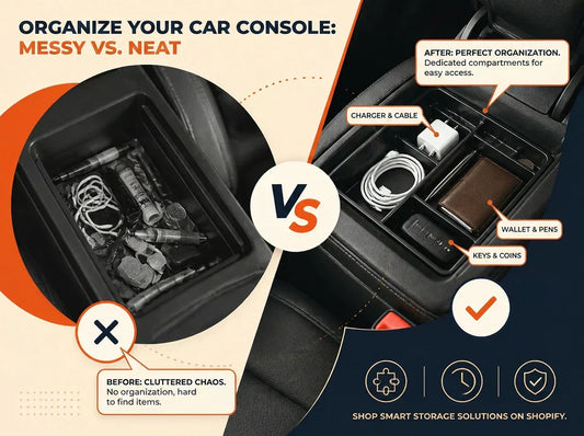 Car center console storage zone — gap filler, armrest pad, charging organizer and registration holder installed in vehicle interior