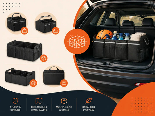Collapsible car trunk organizers compared — soft felt, PU leather, 600D Oxford fabric, and rigid bin types arranged in a car trunk