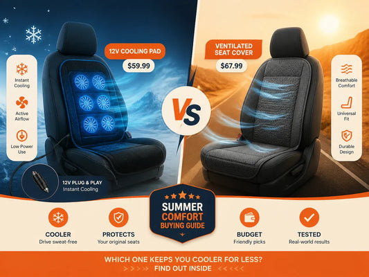 Cooling car seat covers under $80 — 12V cooling pad at $59.99 vs ventilated seat cover at $67.99 compared for summer driving comfort