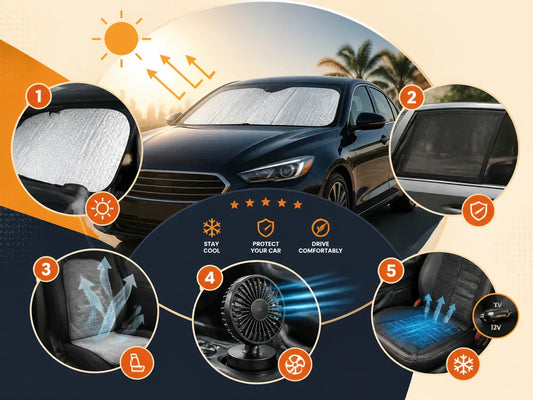 5 ways to keep your car cool in summer — windshield sun shade, window shades, breathable seat cover, portable fan and 12V seat cooling