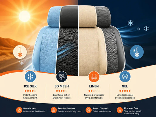 Ice silk vs 3D mesh vs linen vs gel car seat cover materials compared — four options ranked by how they cool differently in summer heat