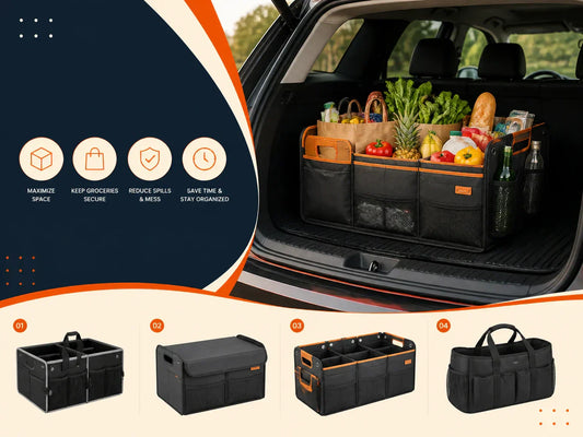 Soft felt trunk organizer holding grocery bags upright in a car boot – anti-slip base, grey color