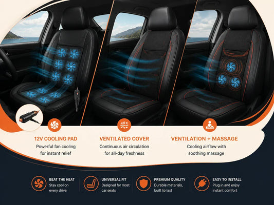 3 fan-powered ventilated car seat covers compared — 12V cooling pad, ventilated cover, and ventilation with massage for summer driving comfort