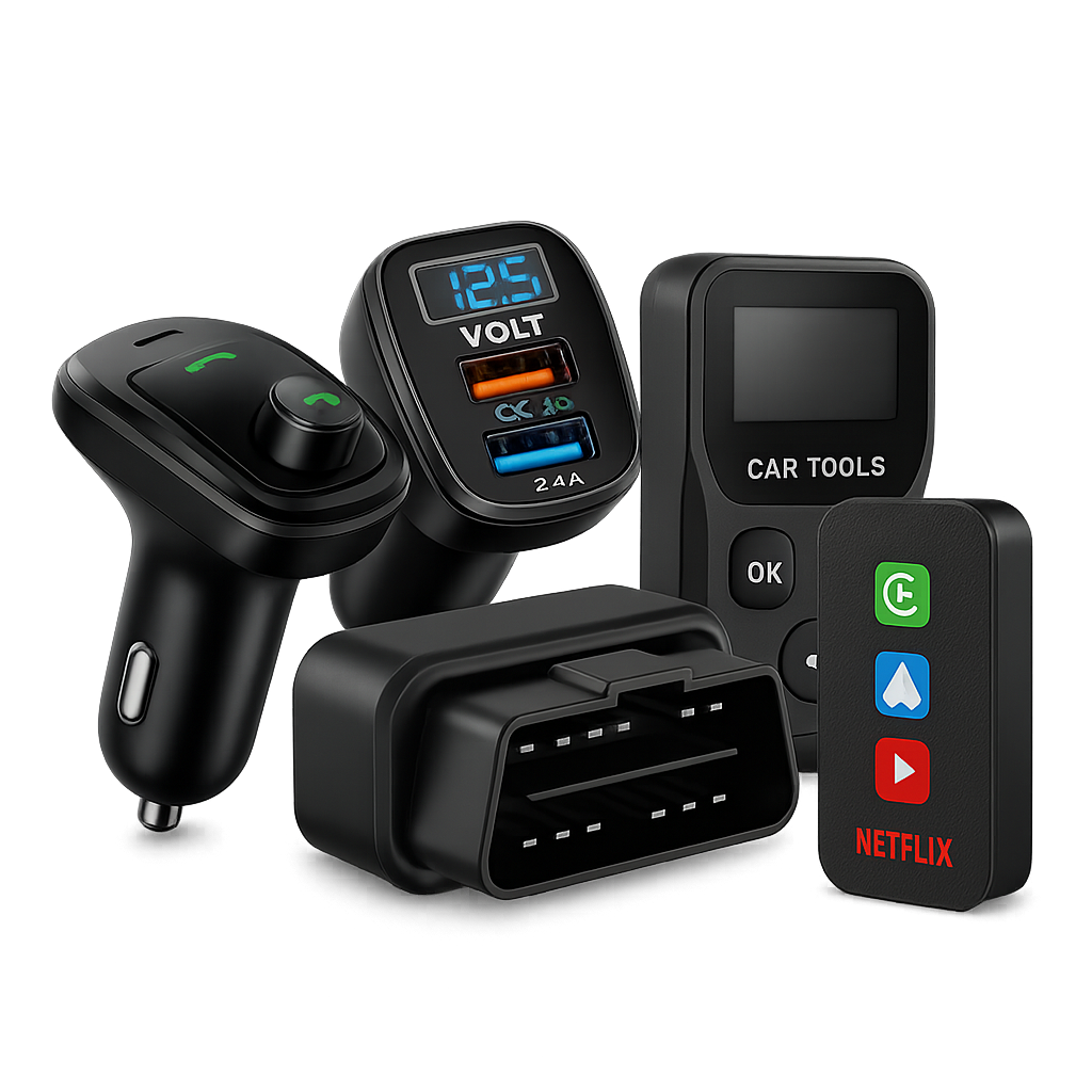 Car electronics and chargers – Bluetooth adapter, voltmeter USB charger, OBD2 scanner, and CarPlay AI box