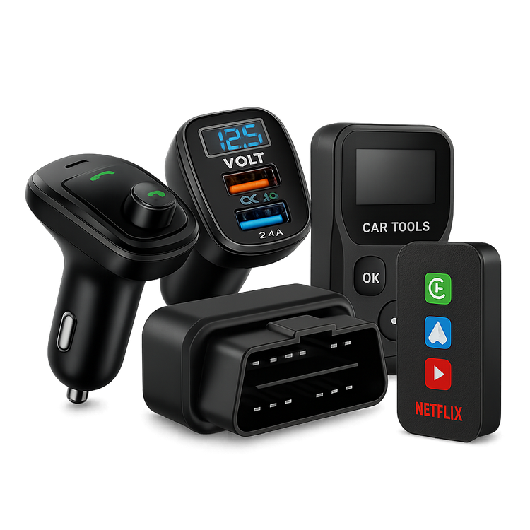 Car electronics and chargers – Bluetooth adapter, voltmeter USB charger, OBD2 scanner, and CarPlay AI box