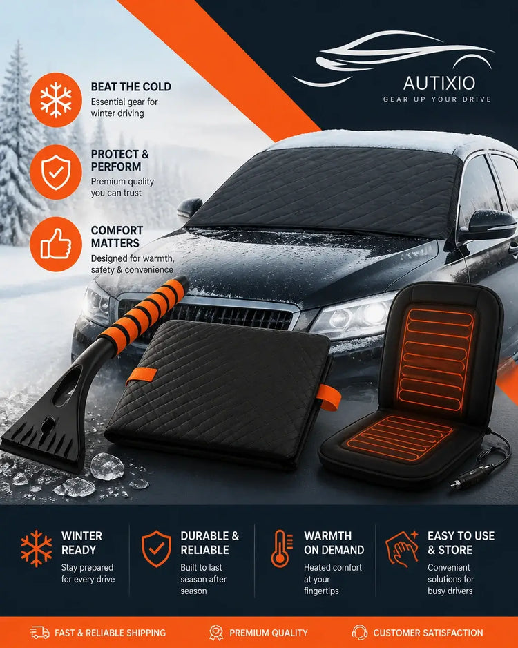 Car ice scrapers, windshield snow covers, and heated seat cushions for winter driving from Autixio
